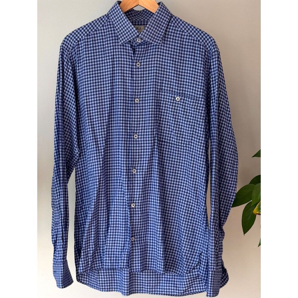 IKE BEHAR Regular Fit 100% Cotton Gingham Check Shirt Navy Light Blue USA Made